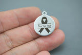 Custom Stainless Steel Charms --Cancer Ribbon Your Text Here - Laser Engraved Silver Tone - 45 Fonts - Bulk Pricing