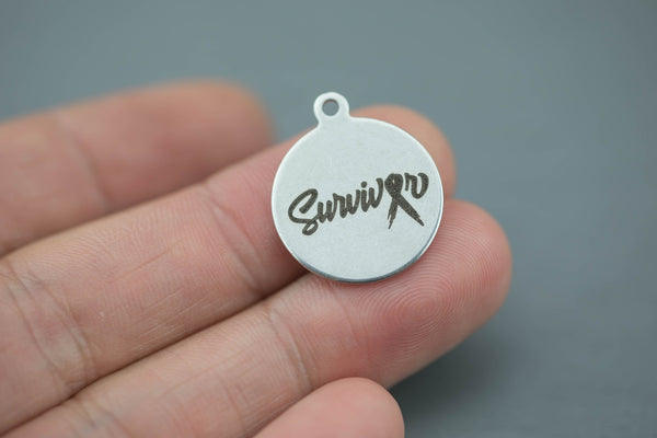Stainless Steel Charms -Survivor Ribbon- Laser Engraved Silver Tone - Bulk Pricing