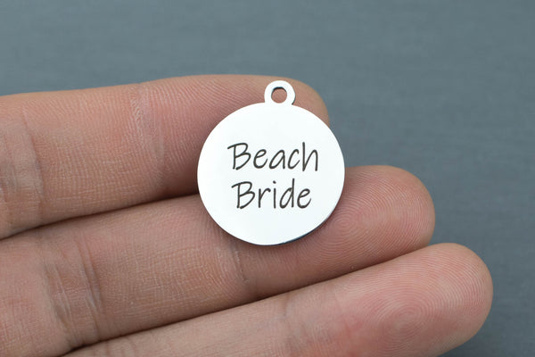 Stainless Steel Charms - Beach bride ocean charm - Laser Engraved Silver Tone - Bulk Pricing