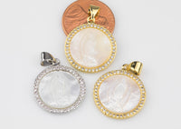 Mother of Pearl Saint Mother Mary Coin Pedant - Natural Mother of Pearl Bezeled with CZ Paves 1 pc 18mm