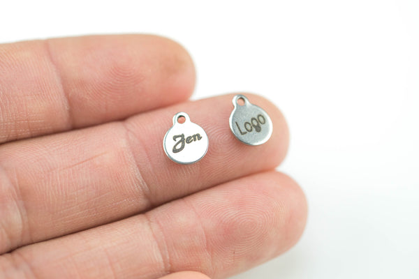 Custom 8mm 20/50pcs Logo Stainless Steel Jewelry Tags / Charms -- Your Logo Here - Laser Engraved Silver Tone