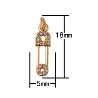 2 pcs Micro Pave Gold Safety pin charm 1 piece, 18x5mm 14k gold plated brass, Nickel free, Cubic zirconia, Dainty charm