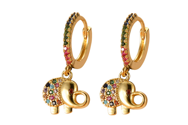 2 pcs 18kt Gold -Huggie Earring, Gold Elephant Earring, Small Dangle Earring, Rainbow CZ Pave Earring, Dangle Earring Charm- 13x22mm Huggies