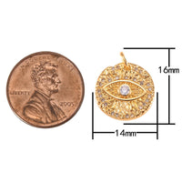 2pc 18k Gold  Evil Eye Charm Diamond CZ Coin Charm Cubic Protector Pendant Tiny Lucky Dainty Necklace - 14mm- 2 pcs per order