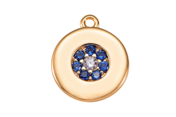 18k Gold Coin Evil Eye Charm Blue Evil Eye Charms Diamond CZ Drop Charm Cubic Protector Pendant Tiny Lucky Dainty Necklace - 8mm