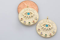 2pc Dainty Gold Evil Eye Charm 14k Gold  Micro Pave Eye Charm Multi Color CZ protects its wearer from negative vibes- 18mm- 2 pcs