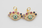 2pc Gold Eye Charm 14k Gold Evil Eye Charm, Multi Colored Micro Pave Charm- 2 pcs- 15x18mm