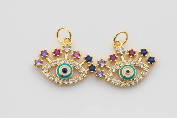 2pc Gold Eye Charm 14k Gold Evil Eye Charm, Multi Colored Micro Pave Charm- 2 pcs- 15x18mm