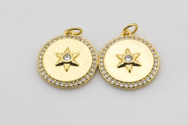 2pc 18k Gold  North Star Charm Cubic Zirconia Heart Pendant Pave CZ North Star Pendant Jewelry Making- 2 pcs per order- 18mm