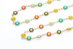 Multicolor Enamel Chain Flower Daisy - Solid Natural Brass - 7mm - By the Yard