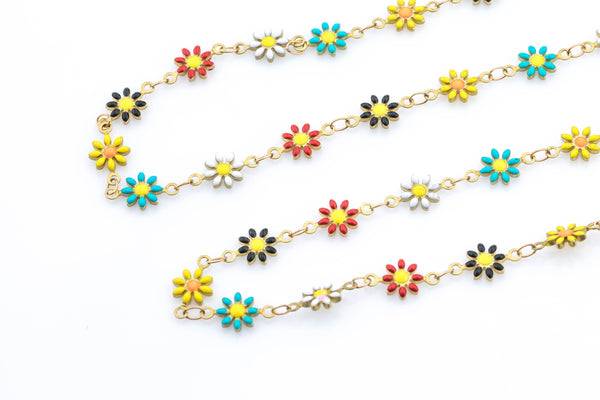 Multicolor Enamel Chain Flower Daisy - Solid Natural Brass - 7mm - By the Yard