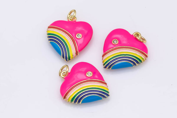 2 pc Rainbow Heart Charms, Enamel with Cubic Zirconia Crystal, Retro 1980's Style Charm Vintage Heart Pendant- Same front and Back-18mm