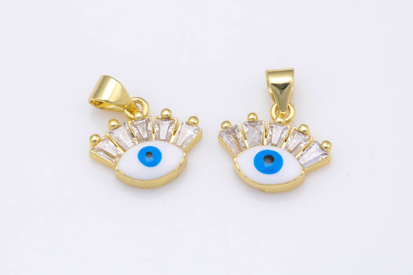 2pc 18k Gold  Coin Evil Eye Charm Diamond CZ Drop Charm Cubic Protector Pendant Tiny Lucky Dainty Necklace - 8x10mm- 2 pcs per order