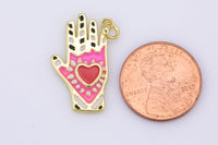 1 pc 18 kt Gold  Enamel Tarot Heart Hand Reading Charm - 14x24mm