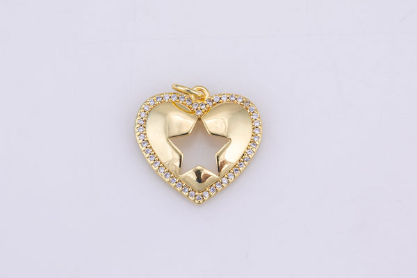 2 pc 18k Gold  Micro Pave Star Heart Pendant , Heart Charms, Lock Necklace Earring Charms, CZ Pave- 18mm