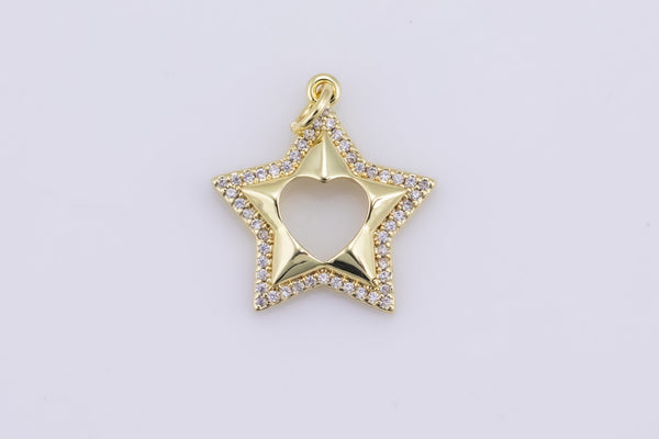 2 pc 18k Gold  Micro Pave Star Heart Pendant , Heart Charms, Lock Necklace Earring Charms, CZ Pave- 18mm