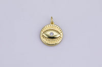 2 pc 18k Gold  Evil Eye Charm Diamond CZ Coin Charm Cubic Protector Pendant Tiny Lucky Dainty Necklace - 15mm- 2 pc per order