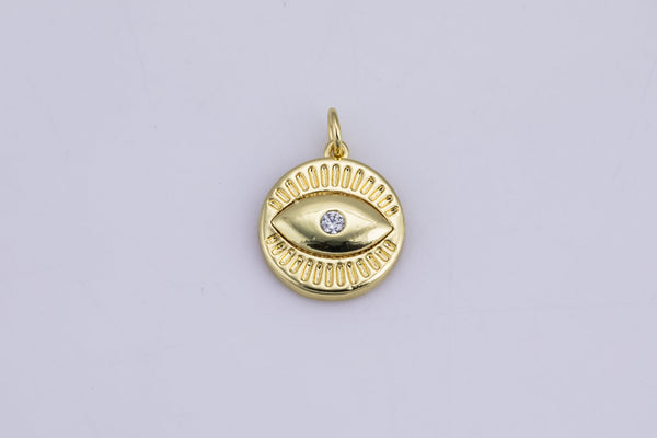 2 pc 18k Gold  Evil Eye Charm Diamond CZ Coin Charm Cubic Protector Pendant Tiny Lucky Dainty Necklace - 15mm- 2 pc per order