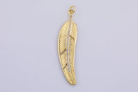 1pc 18K Gold  Dainty Feather Charm with Micro Pave Cubic Zirconia CZ Stone for Necklace or Bracelet- 11x48mm