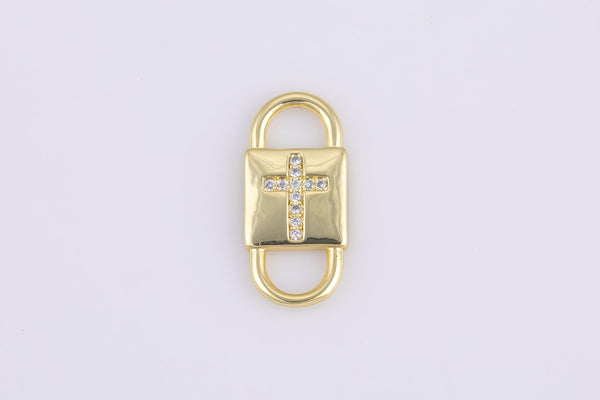 2 pc 18 kt Gold Double Lock Style - Cross CZ- Connector Charm - 9x20mm