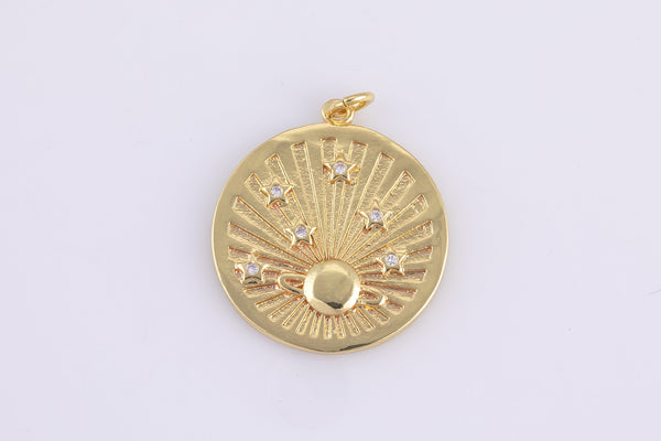 2 pcs Dainty Gold Celestial Planetary charms, Micro Pave Starry Night charm Round Disc pendant Twinkle Little Star