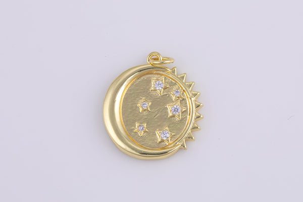 2 pc 18K Gold Sun Star and Moon CZ Pendant, Micro Pave Cubic Zirconia Star Sun and Moon Charm, Celestial Charm - 21mm