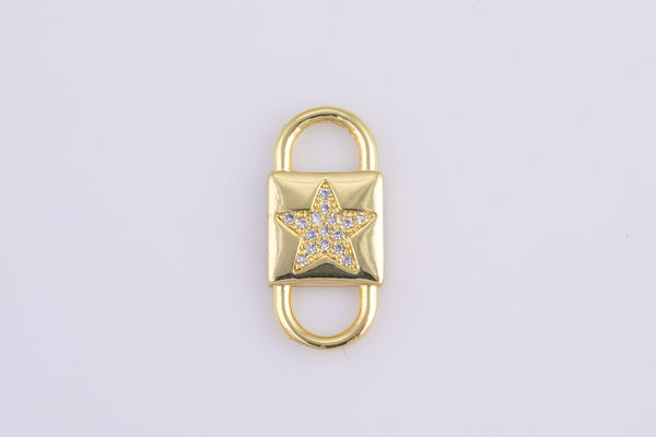 2 pc 18 kt Gold Double Lock Style - Star CZ- Connector Charm - 9x20mm