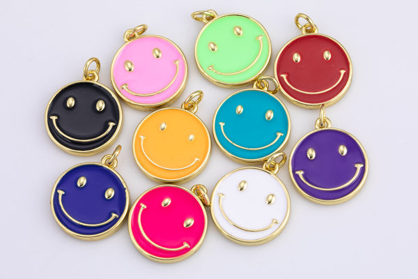 2 pcs Dainty Enamel Charm Smiley coin Mini Happy Smiley pendant Gold Smiley Face 14k Gold Emoji Charm- 16mm P13E18--P13E25