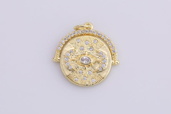 2 pc 18k Gold  Coin Evil Eye Charm Diamond CZ Drop Charm Cubic Protector Pendant Tiny Lucky Dainty Necklace - 19mm