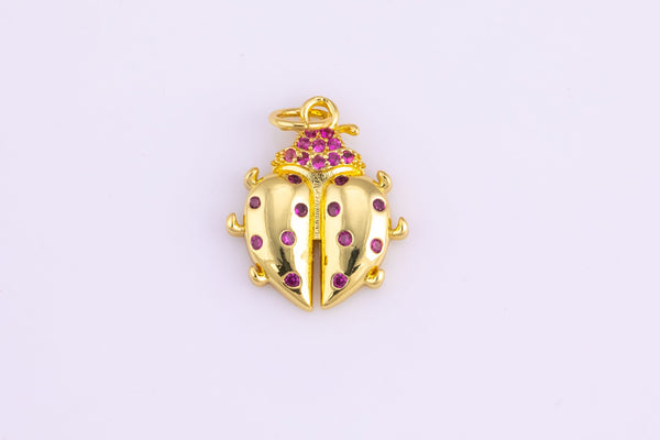 2 pc 18K Gold Pink Lady Bug Insect Cubic Zirconia Charm - Bracelet Necklace Pendant Earring Findings - 14mm