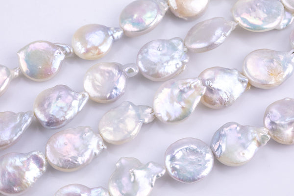 13-14mm Coin Pearl Freshwater Pearl, Full strands- White Pearl!