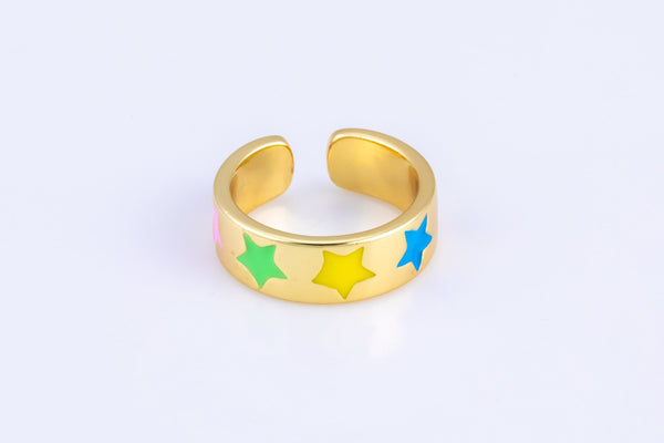 Gold Star Enamel Ring, Flower Ring, Open Ring Adjustable Dainty Gold Stacking Ring Minimalist for Kids Teenager Friendship Ring