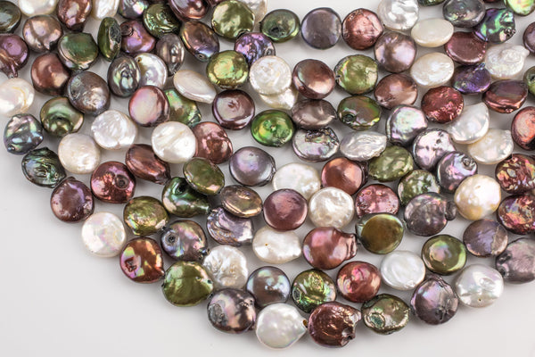 Natural 12-15mm Coin Pearl Freshwater Pearl, Full strands- Multi Color! Gemstone Beads