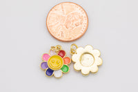 1 pc 18k Gold Enamel Flower Smile Pendant,  Charms, Lock Necklace Charms, CZ Pave-  14mm