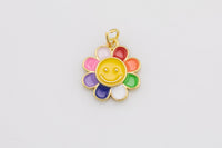 1 pc 18k Gold Enamel Flower Smile Pendant,  Charms, Lock Necklace Charms, CZ Pave-  14mm