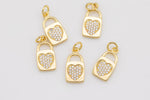 1 pc 18k Gold Micro Pave Heart Pendant , Heart Charms, Lock Necklace Earring Charms, CZ Pave- 8x15mm