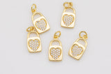 1 pc 18k Gold Micro Pave Heart Pendant , Heart Charms, Lock Necklace Earring Charms, CZ Pave- 8x15mm