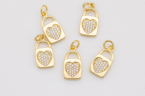 1 pc 18k Gold Micro Pave Heart Pendant , Heart Charms, Lock Necklace Earring Charms, CZ Pave- 8x15mm