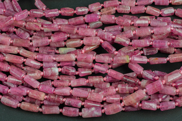 Natural New Organic Cut Raw Unpolished Pink Tourmaline Natural Cylinder Shape Beads 15.5" Strand Gemstone Beads