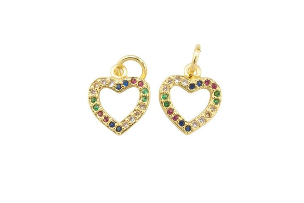 2 pcs 18k Heart Rainbow Micro Pave, Heart Charms, Lock Necklace Earring Charms, CZ Pave- 10mm