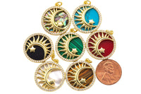 1 pc 18k Gold Fill Sun Star Abalone Mother of Pearl Malachite Micro Pave Pendant Charm Charms, Lock Necklace Earring Charms, CZ Pave- 22mm