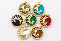 1 pc 18k Gold Fill Sun Star Abalone Mother of Pearl Malachite Micro Pave Pendant Charm Charms, Lock Necklace Earring Charms, CZ Pave- 22mm