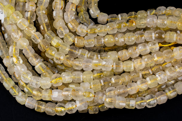 Natural Rutilated Gold Quartz Faceted Cube Beads Size 6mm 7.5" Strand