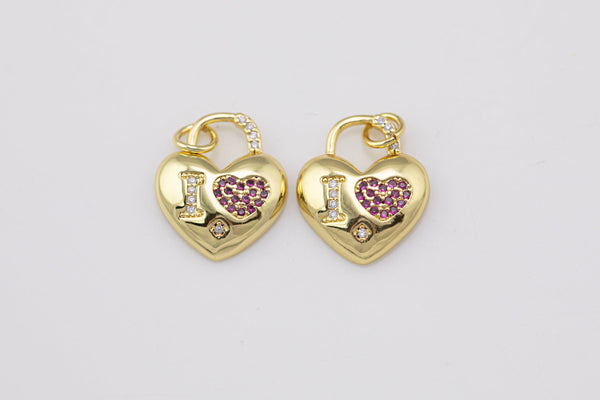 2pc 14k Gold Plated Padlock Hearts Charms Pendants Charm Pendant I Love Heart CZ Ruby CZs 15x17mm