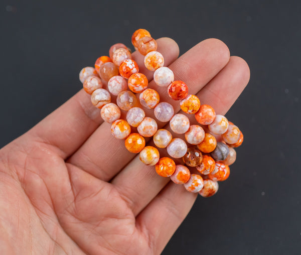 Orange Fire Agate Bracelet Round Size 6mm and 8mm Handmade In USA - Natural Gemstone Crystal Bracelets Handmade Jewelry - approx. 7"