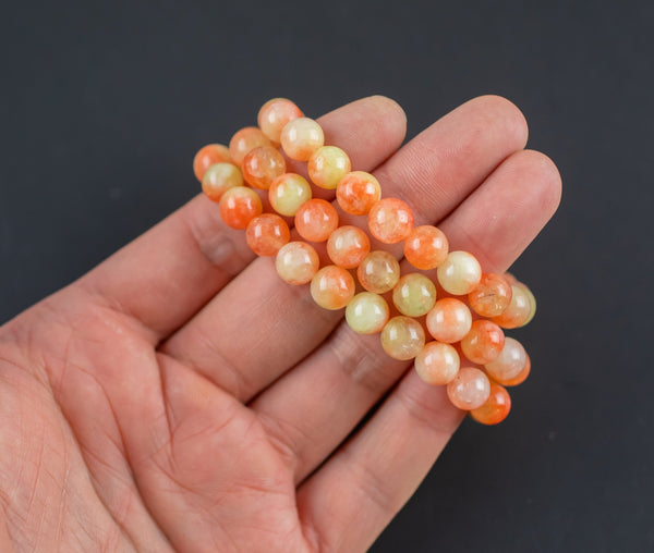 Orange Peach Jade Bracelet Round Size 6mm and 8mm Handmade In USA Natural Gemstone Crystal Bracelets Handmade Jewelry - approx. 7"