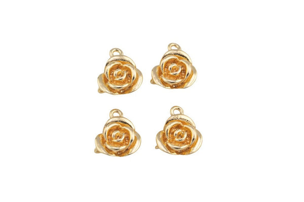 4 pcs 8x11mm Dainty Tiny Small Gold Rose Charm Rose Petal Pendant in 18kt Gold for Necklace Earring Bracelet Component Connector 2-Loops