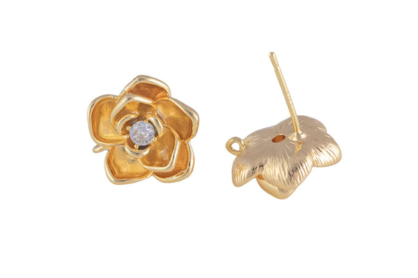 1 pair 18kt Gold Flower Rose Style Earring, Earring 14mm