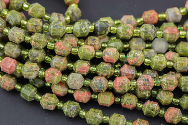 AAA Natural Unakite 5-6mm Beads Faceted Energy Prism Double Terminated Point Cut 15.5" Strand