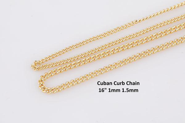 16" Dainty 14k Gold plated Cuban Curb Chain Necklace Chains for Layering - 1mm 1.5mm 16" with extender